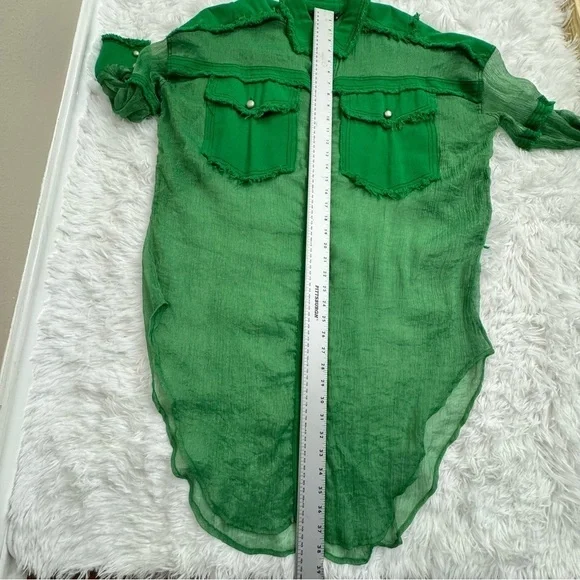 TOV Los Angeles Green Sheer Button-Down Shirt with Frayed Detailing Pockets M - Picture 7 of 9